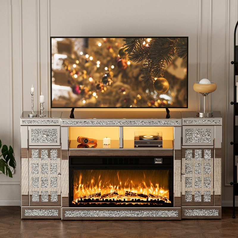 Mirrored Fireplace Tv Stand For 65+ Inch Tv, Silver Tv Console Table With Crushed Diamond And Led, Modern Media Entertainment Center With Storage For Living Room, Bedroom And Office
