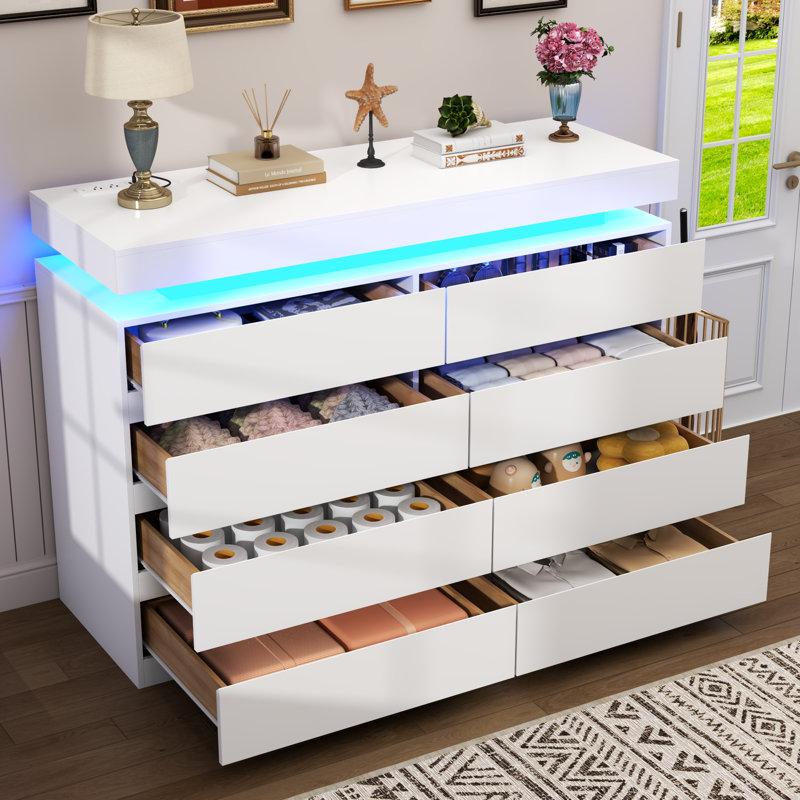 Commode 8 tiroirs pour chambre à coucher avec station de charge, lumière DEL, Blanc