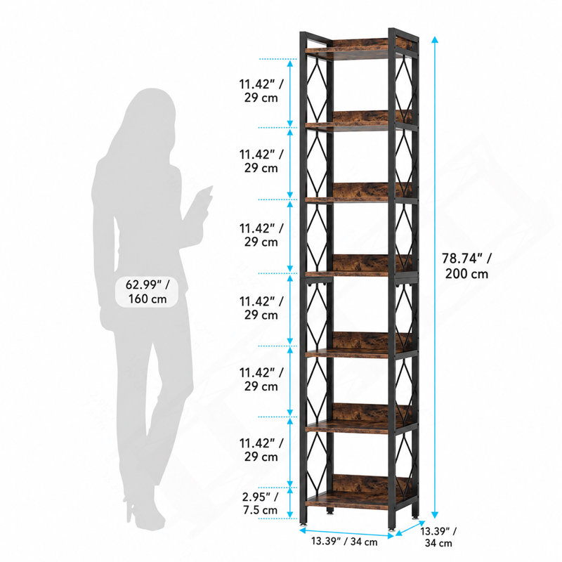 Étagère de coin à 7 niveaux, bibliothèque d'angle étroite de 78,7 pouces, Noir