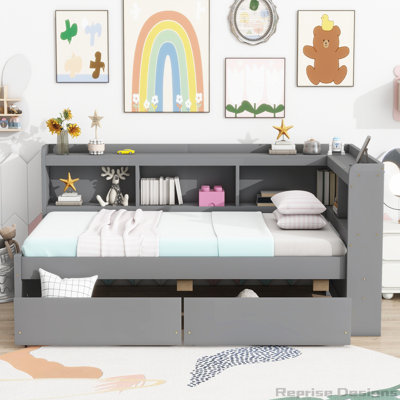 L-shaped Bookcases Bed with Power Outlets, USB Charging Ports,Two Drawers