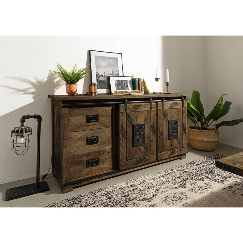 Railway 150cm Solid Wood Sideboard, Brown Lacquered