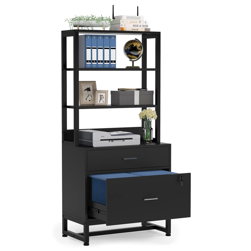 2 Drawer Vertical File Cabinet with Lock and Bookshelf, Black