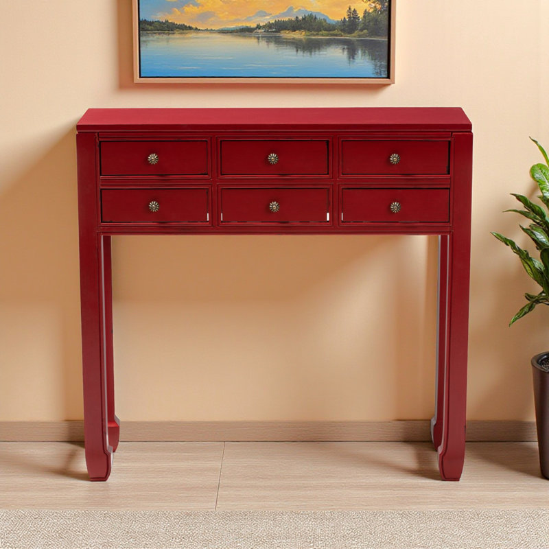 Console à 6 tiroirs Illustra en rouge avec accents au fini bronze, H 33,35 po x l 35,17 po x P 11,67 po