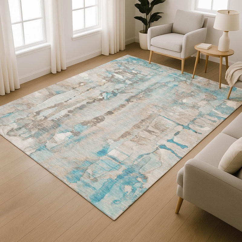 Premium Machine Washable Mayfield AMF2120 Abstract Rug, Teal, 3' x 5'