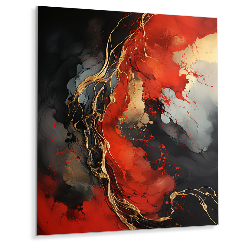 Rouge et rouge marbre volcan VI - Art mural abstrait en métal, H 40 po x l 30 po x P 1,5 po
