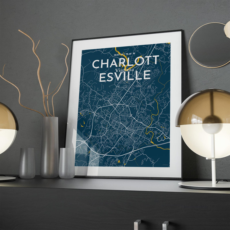 Charlottesville, carte de la ville, impression graphique, H 24 po x l 18 po x P 0,05 po, Bleu / Jaune