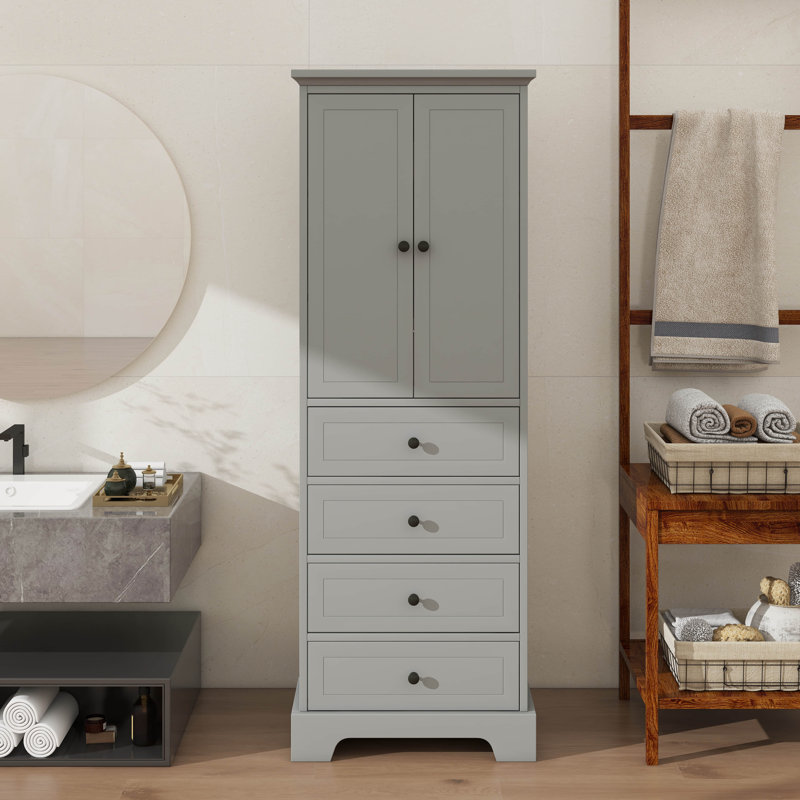 Armoire de rangement chic avec 2 portes et 4 tiroirs pour la salle de bain et le bureau, Gris