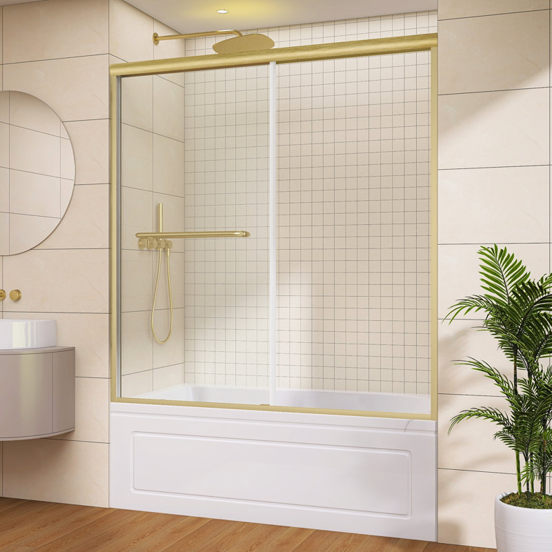 Pare-brise de porte de baignoire à double coulissement en aluminium 56 "à l 60" x H 62 "avec verre trempé doré brossé 5/16"