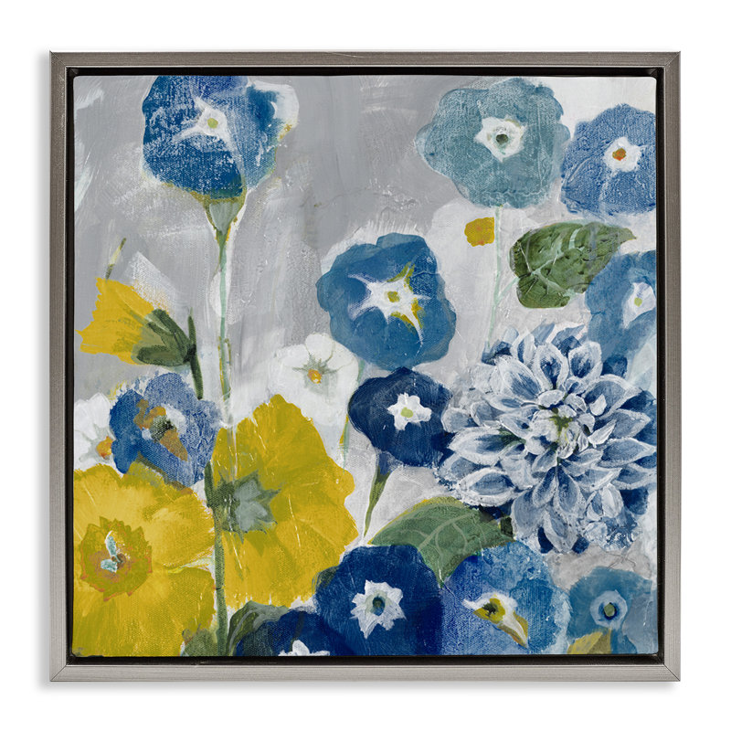 Coquelicots abstraits bleus et jaunes, Cadre flottant gris lustré, H 18 po x l 18 po