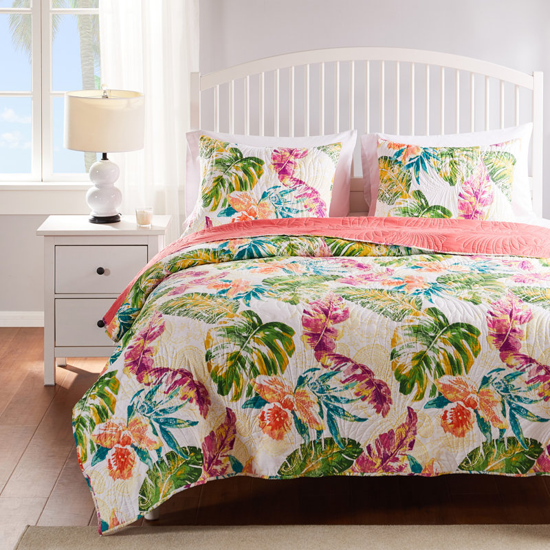 Tropical Leaf Print Reversible Twin Microfiber Quilt Set