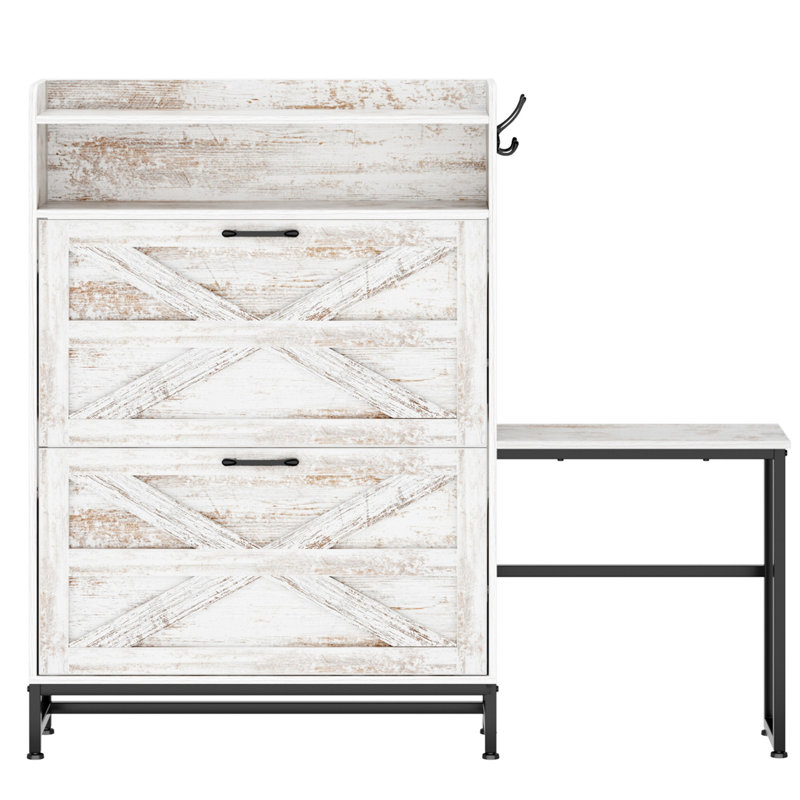 Range-chaussures blanc pour l'unité d'entrée, 2 tiroirs rabattables avec fentes réglables, rétro rustique, basculant, organisateur de pièces polyvalent: grande capacité d'entrée et rangement personnalisable