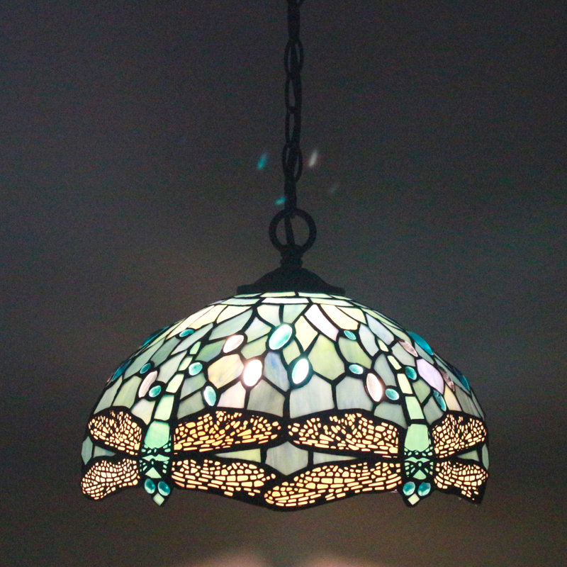 Sea Blue Stained Glass Dragonfly Pendant Lamp with LED Bulb