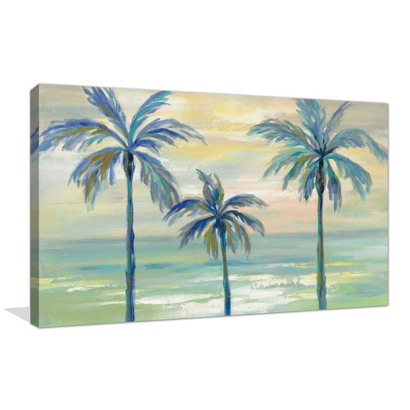 «Marine Layer Palms», reproduction de peinture acrylique sur toile, H 21,5 po x l 33,5 po x P 2 po, Cadre flottant champagne