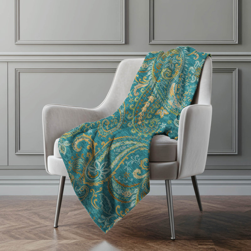 Addison Machine Washable Sherpa Paisley Throw Blanket, Teal
