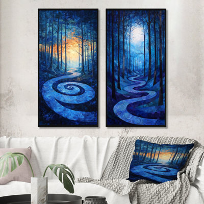 Chemin en spirale bleue dans les bois - Ensemble de 2 grandes décorations murales en forêt