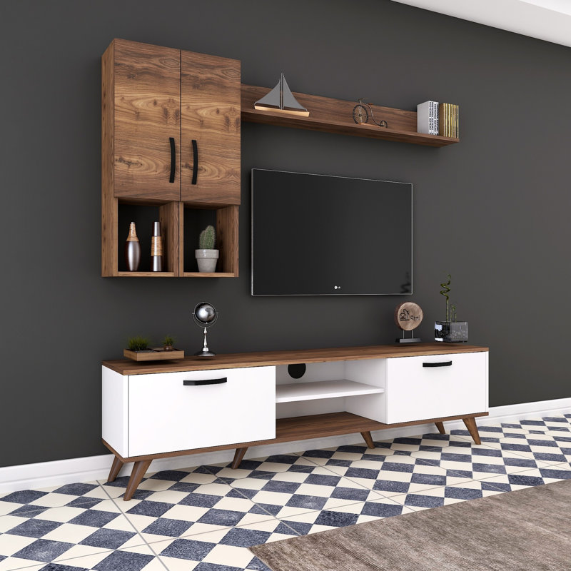 Husnu Entertainment Center for TVs up to 55", White/Walnut/Black, 1 TV Stands, 1 Middle Shelf and 1 Wall Cabinet