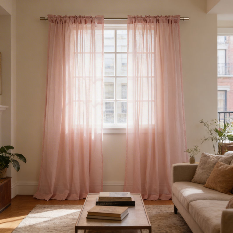 Paire de rideaux semi-transparents avec passe-tringle Rayna, Rose, L 52 po x L 84 po