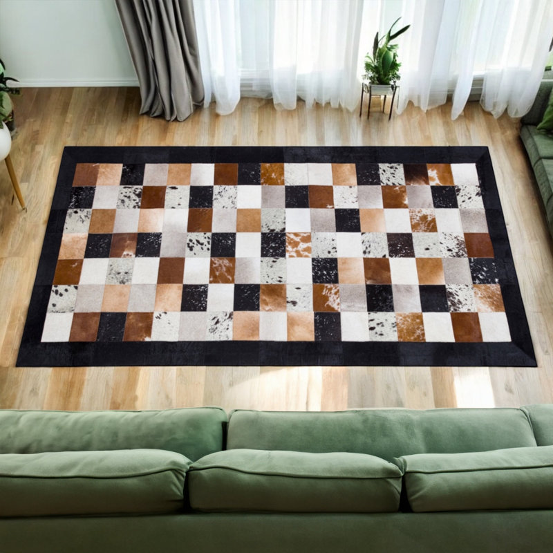Multicolor Cowhide Patchwork Rug With Black Border, Hallway Or Entryway Carpet, Rectangle 8'10" x 12'