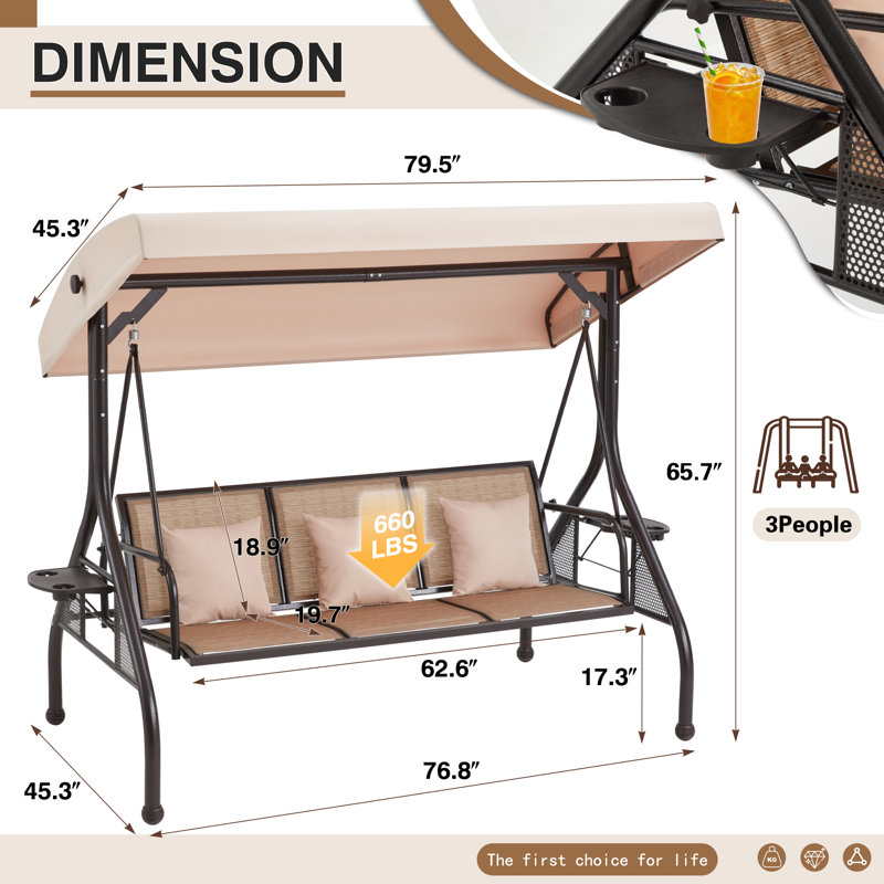 Balancelle de patio pour 3 personnes avec porte-gobelet, coussin, auvent réglable, dossier, Brun