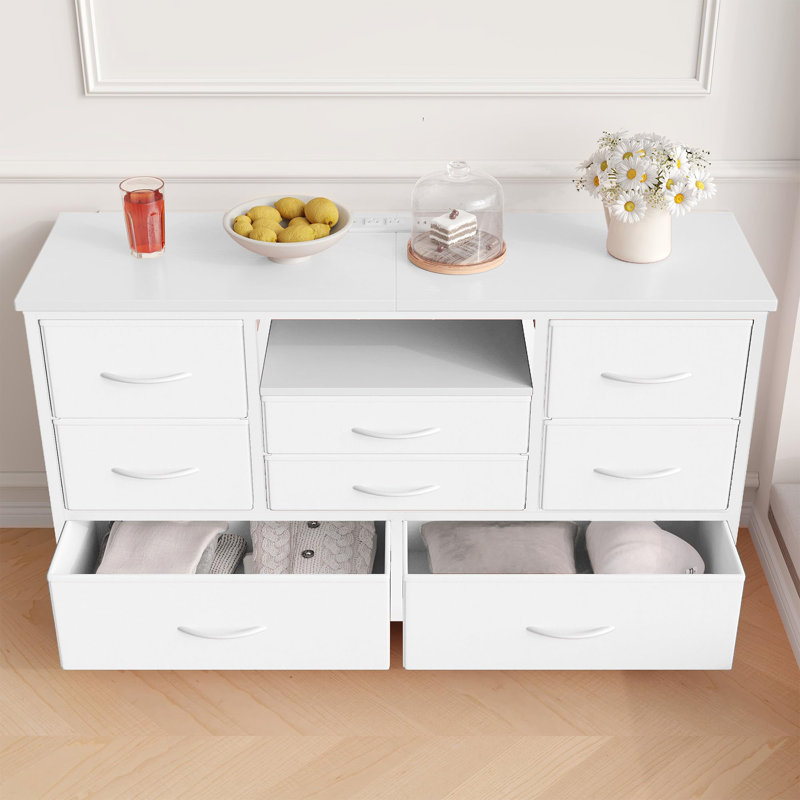 89" TV Stand with 9 Fabric Drawers and 4-Tier Shelves, Modern Entertainment Center for 75" TVs, White