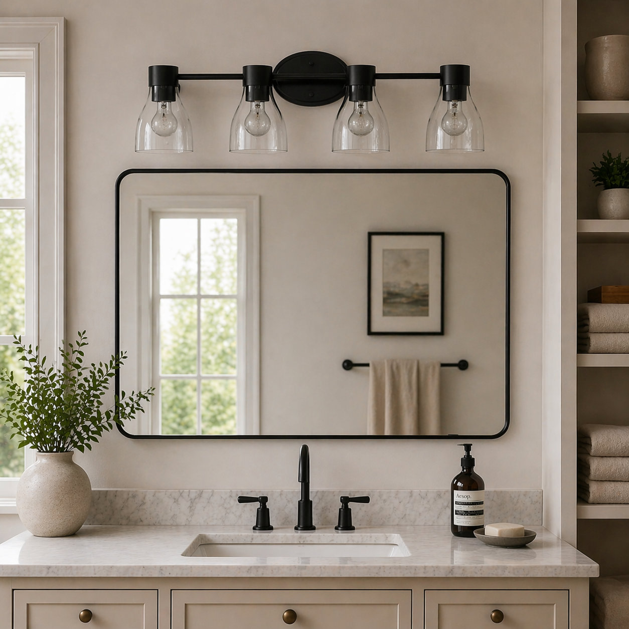 3-Light Brushed Brass Vanity Light with Clear Glass Shades, 4, Satin Black