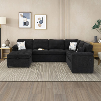 Canapé d'angle 5 places en chenille en forme de U avec méridienne de rangement dissimulée, deux ports de chargement USB, coussins capitonnés et trois coussins décoratifs