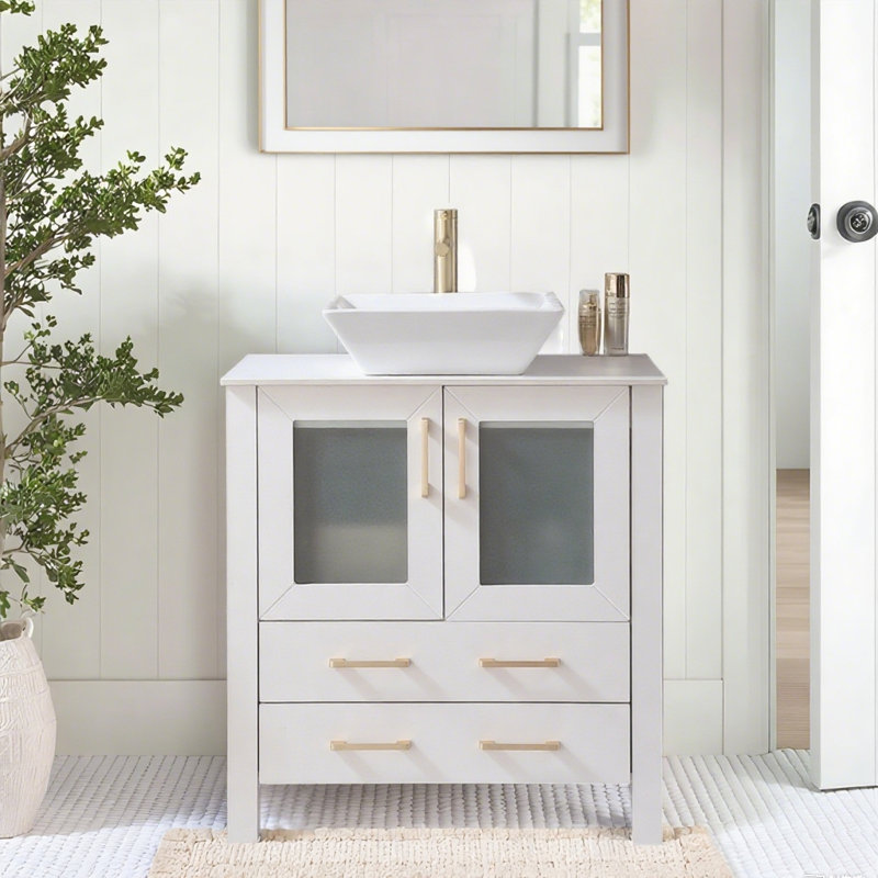 30''White Morden Freestanding Bathroom Vanity Set With Vessel Ceramic Top