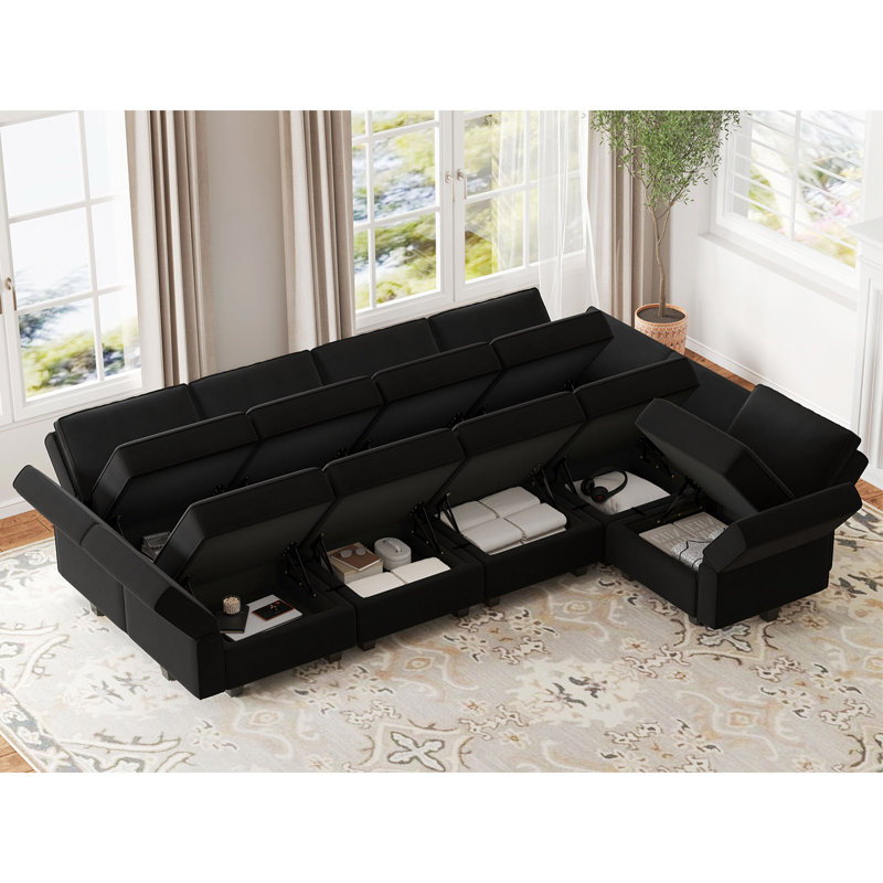 Teangela 116.6'' Variable Sectional U Shape Couch Module Velvet Sofa Bed with Storage Seat Ottoman, Black Velvet