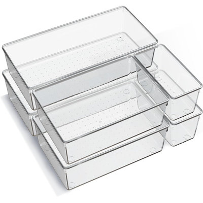 6 Pack Large Clear Plastic Drawer Organizer Trays, Acrylic Kitchen Drawer Organization And Storage Dividers, Non-Slip Storage Bins For Makeup, Kitchen Utensils, Bathroom, Jewelries And Office Desk