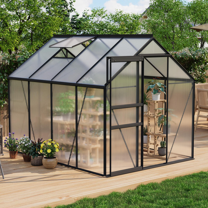 6x8 Ft Walk-in Polycarbonate Greenhouse with Heavy-Duty Aluminum Frame, Adjustable Roof Vent and Large Interior for Backyard or Patio