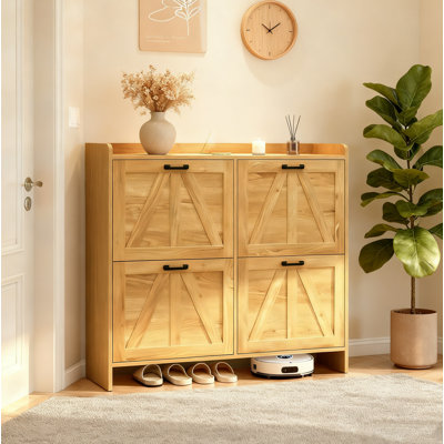 White Modern Fence Shoe Cabinet With 4 Flip Drawers, Sleek Space-Saving Entryway Organizer For Living Room