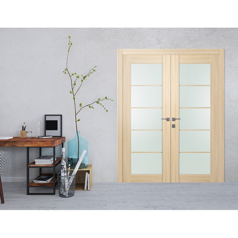 Portes doubles en bois manufacturé et en verre Avon 5 Lite, 56" x 80", Chêne, Gauche