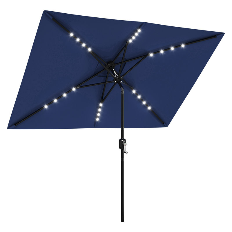 Parasol de marché solaire 10 pi x 6,5 pi à DEL avec manivelle et inclinaison bidirectionnelle, bleu marine, Marine