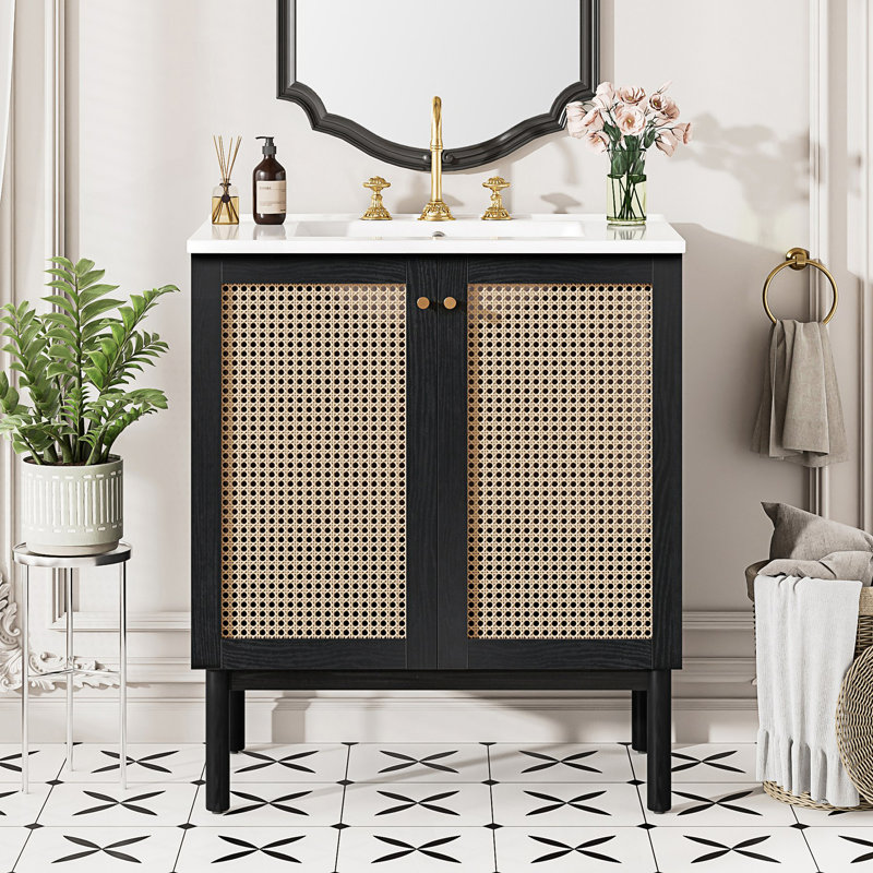 Meuble-lavabo naturel avec portes en rotin faites à la main et mécanismes de fermeture en douceur