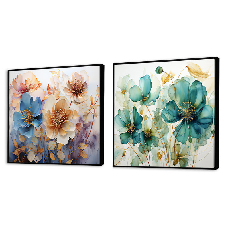 Coral Petal Symphony - ensemble de 2 collages carrés botaniques abstraits, Cadre flottant noir, H 16 po x l 33 po