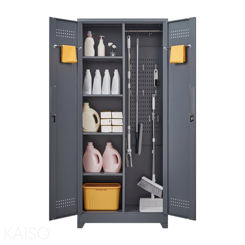 Casiers en métal de couleur grise et blanche, armoires à outils de nettoyage avec portes verrouillables, armoires de rangement pour outils à haut balai, tablettes réglables, grandes armoires pour cuisines, bureaux, magasins. (72,8 pouces)