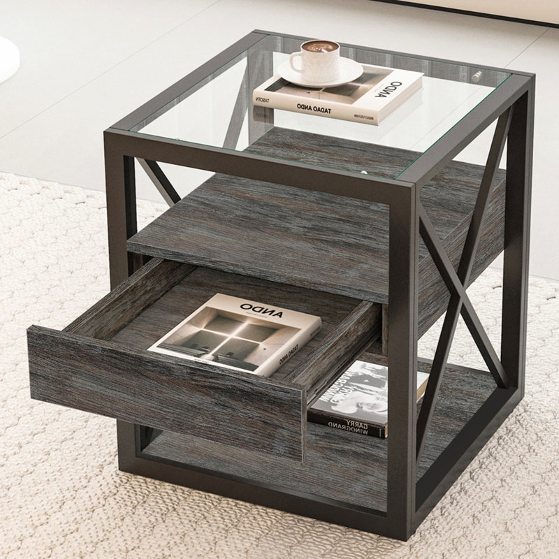 Ensemble de 2 tables de bout modernes avec tiroir - table de chevet pour chambre à coucher et salon, panneau de fibres à densité moyenne en bois rustique et plateau en verre trempé, table d'appoint de style industriel