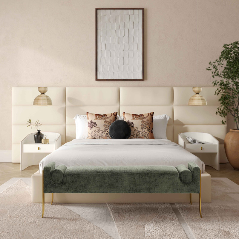 Cream Velvet Upholstered Queen Bed with Adjustable Headboard