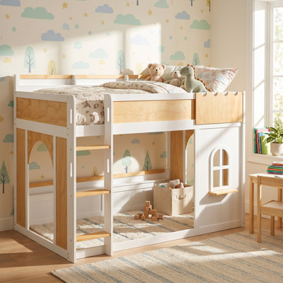 Natural & White Solid Wood & MDF Frame Full Over Full Bunk Bed With Storage Shelves, Window And Two Doors