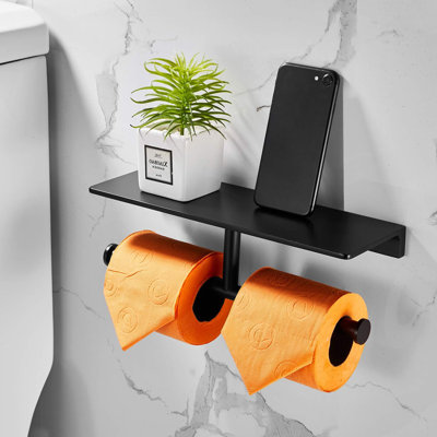 Double Toilet Paper Holder With Phone Shelf, 304 Stainless Steel Wall-Mounted Tissue Dispenser, Black & Gold Bathroom Storage Organizer