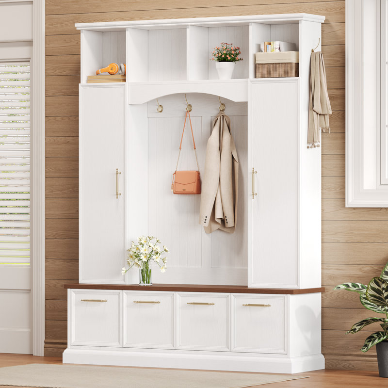 Hall Tree 59.03" Wide With Bench And Storage, White