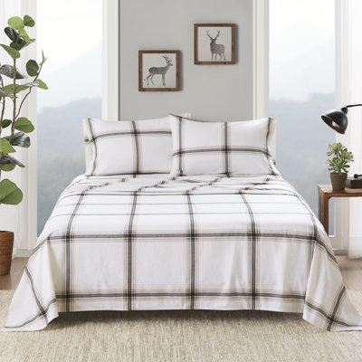 4 Pcs Queen Sheet 100% Cotton Flannel Tan Plaid Twin/Full 12" Queen/King/ King 14" Mattress Fit Both Sides Brushed No Harmful Substances - Machine Washable