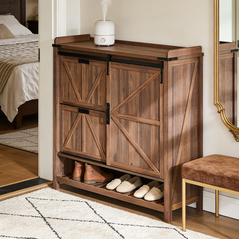 Farmhouse 2 Flip Drawers & Sliding Door Shoe Storage Cabinet – Freestanding Rustic Hidden Shoe Rack Organizer For Entryway