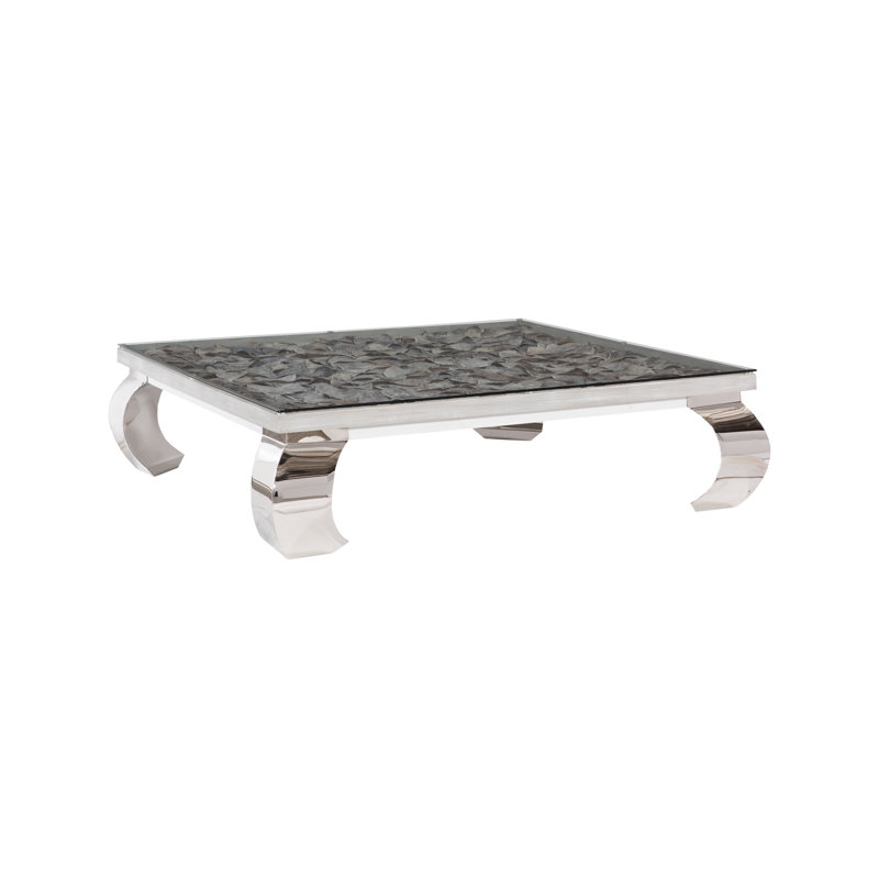 Table basse Shell, plateau en verre, pieds en acier inoxydable Ming, H 17 po x L 60 po x l 60 po
