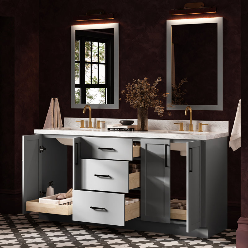 Meuble-lavabo double rectangulaire de 185 cm avec comptoir en marbre blanc de Carrare de 3,8 cm d'épaisseur, de couleur gris.