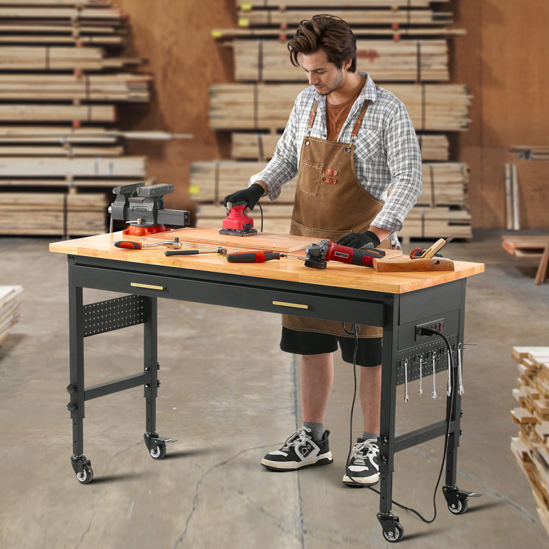 60" Workbench on Wheels Adjustable Height Table with Power Outlet & Drawer