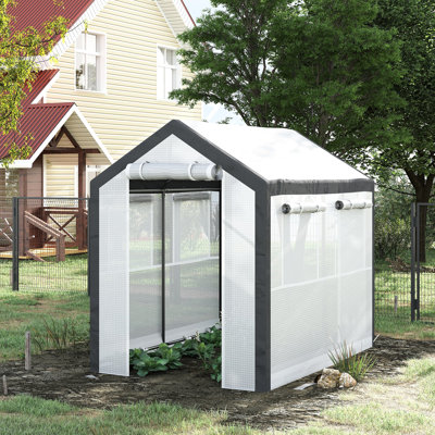 Serre de jardin blanche de 8 pi x 6 pi x 7,5 pi avec 6 fenêtres, 2 portes à fermeture à glissière et housse de protection pour serre de 8 pi x 6,5 po