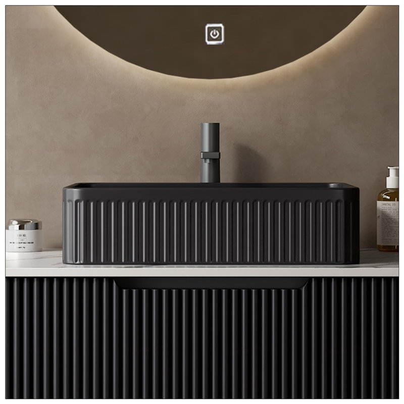 20-Inch Rectangular Striped Vessel Ceramic Bathroom Sink, Easy to Clean with No Water Accumulation, Black