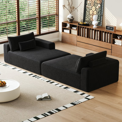 102" Lounge Chaise - Reclining Bed Corduroy Fabric No Assembly Required Fluffy Modern Sleeper Chair For Bedroom Living Room In Black Oversized