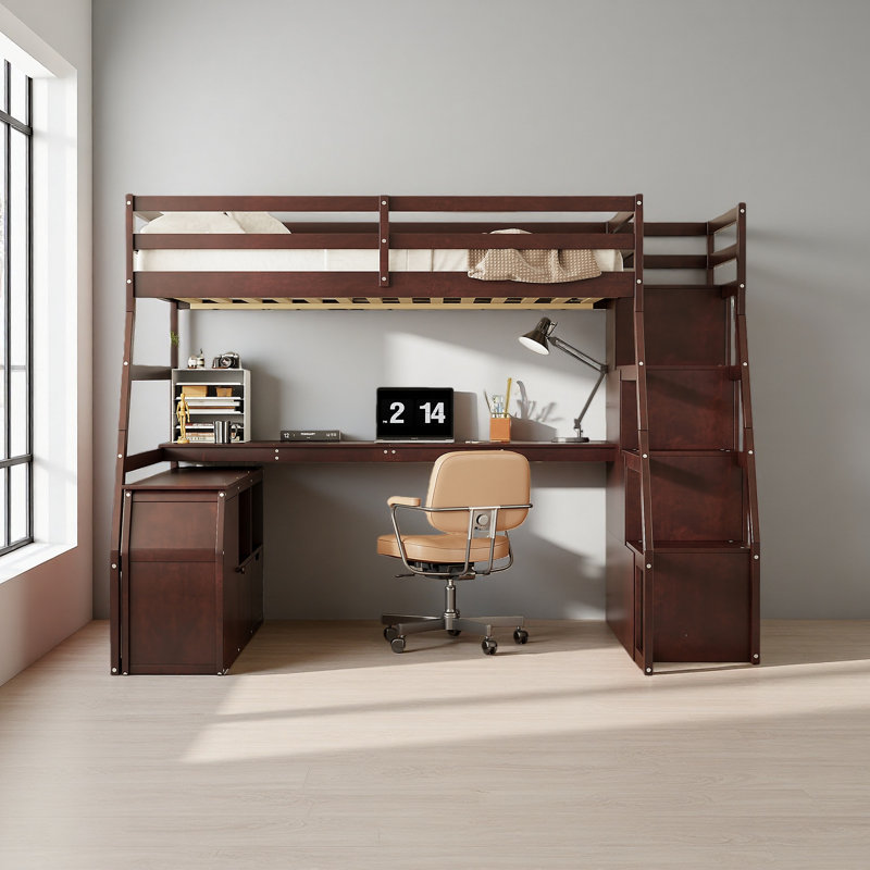 Lit mezzanine double avec 7 tiroirs, 2 tablettes et un bureau, Espresso